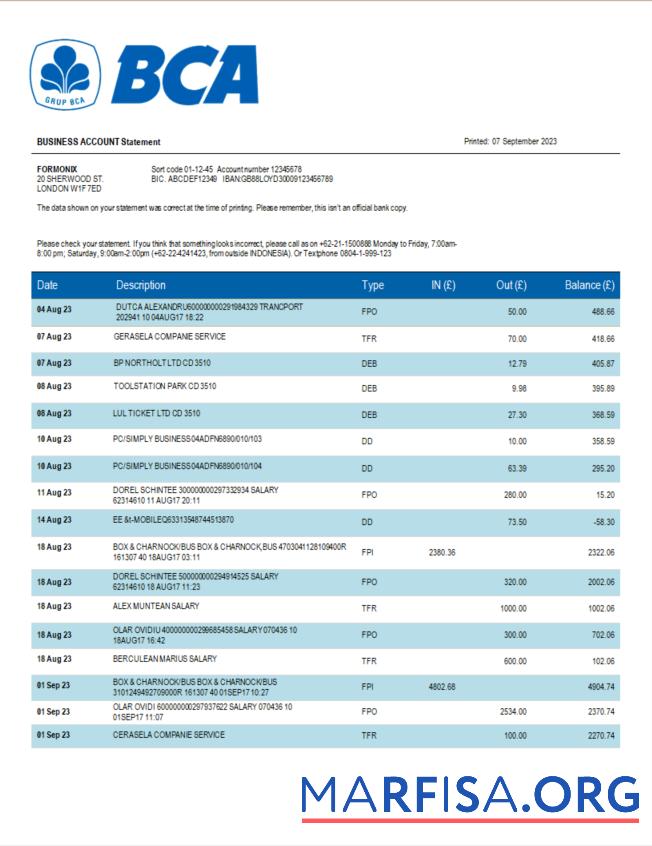 Realistic BCA Bank organization statement Word and PDF template